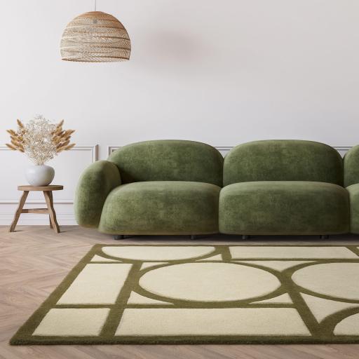 Metro Modern Rug Retro Geometric Hand Tufted Wool Khaki Green Rug