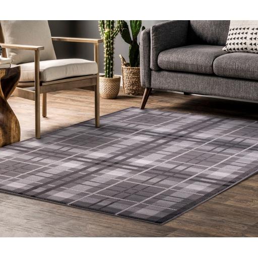 Traditional Highland Tartan Rug Check Pattern Grey Hall Runner Rug