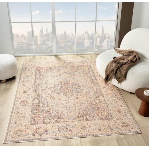 Alia 524AK Modern Traditional Short Pile Floral Rug in Beige Light Blue