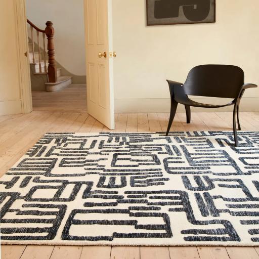 Mason Maze Script Rug Modern Abstract Soft Silky Blue Cream Rug