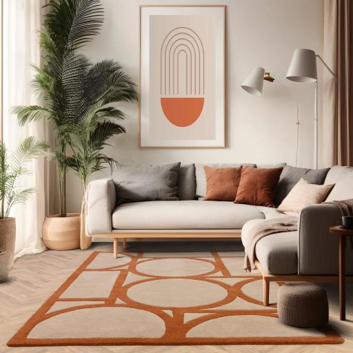 Metro Modern Rug Retro Geometric Hand Tufted Wool Rust Orange Rug