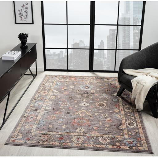 Alia 428GL Bordered Floral Traditional Modern Short Pile Rug in Grey Multi