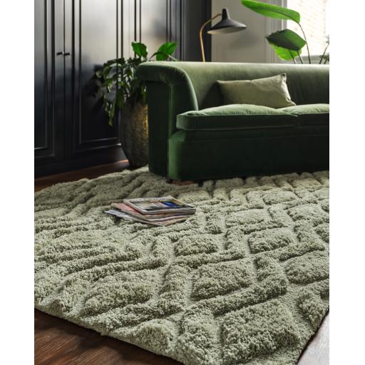 Harrison Shaggy Sage Green Rug for Living Room Diamond Shaped Carved Soft Plush Rug in 200 x 290 cm