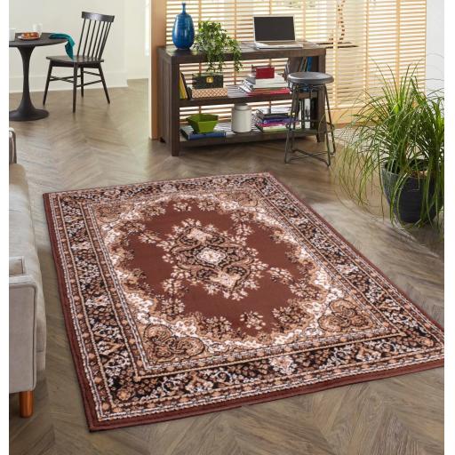 Lancashire Traditional Oriental Classic Rug, Hallway Runner, Circle Carpet in Chocolate Brown