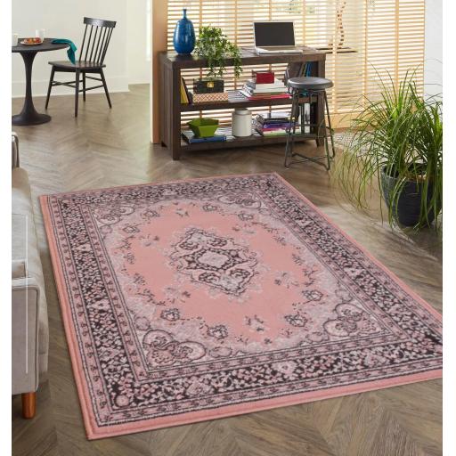 Lancashire Traditional Oriental Classic Rug, Hallway, Circle Carpet in Blush Pink