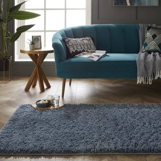 Washable Shaggy Rug Modern Plain Larissa Blue Non-Slip Rug