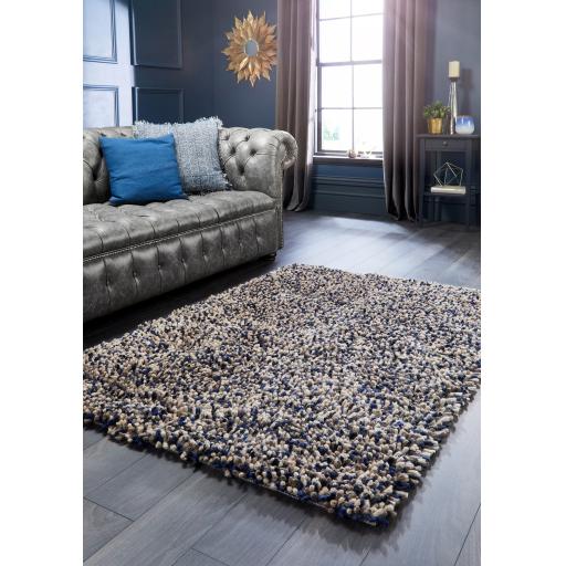 Origins Rocks Shaggy Hand Woven Wool Tubular Long Pile Rugs in Navy