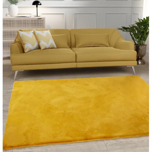 Luxe Faux Fur Plain Super Soft Shaggy Rug in Ochre Yellow