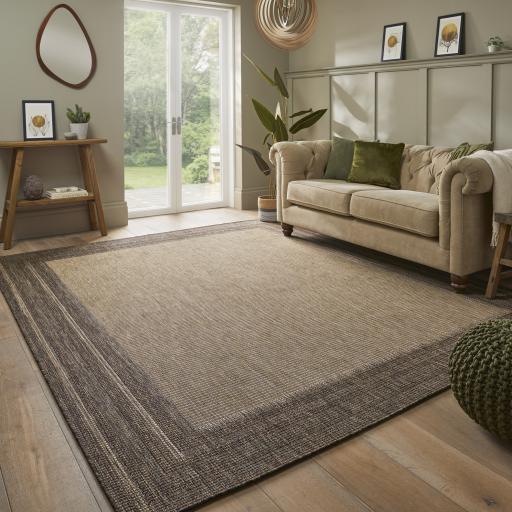 Sumac SUM102 Outdoor Indoor Flatweave Framed Bordered Rug in Beige Brown