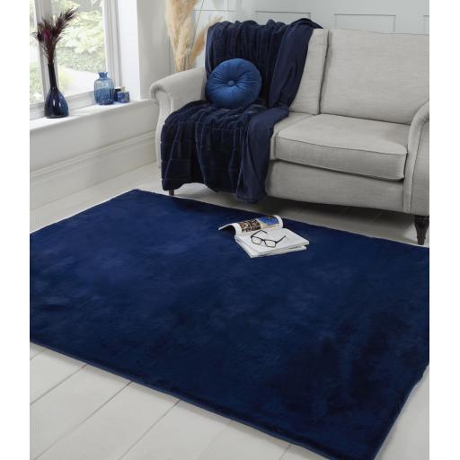 Luxe Faux Fur Plain Super Soft Shaggy Rug in Navy Blue