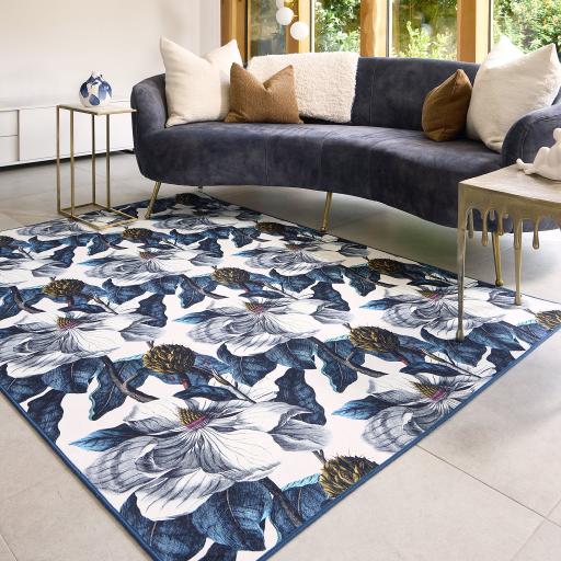 Eco-Washable Magnolia Garden Non-Slip Rug in Blue White