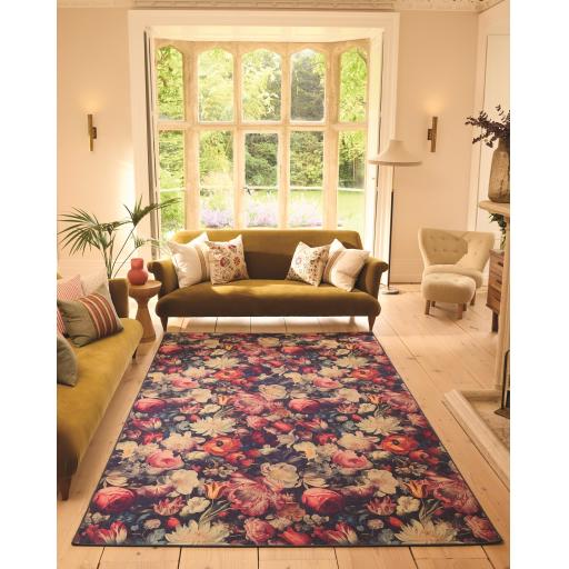 Eco-Washable Dark Florals Non-Slip Rug in Navy Multi Colours