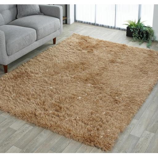 Glitz Beige Silky Shimmer Shiny Fluffy Modern Plain Glitter Shaggy Rug in Large 160 x 230 cm (5'3"x7'7")