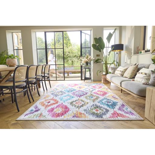 Eco-Washable Painted Ikat Non-Slip Rug in Multi Colours