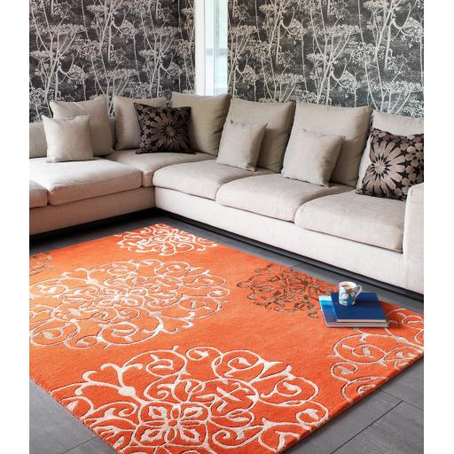 Matrix Tanngier Terracotta Orange Moorish Design Hand Tufted Modern Floral Wool Rug