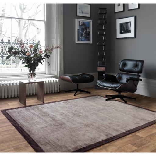 Blade Border Plain Silky Hand Woven Viscose Rug in Moleskin with Charcoal Border