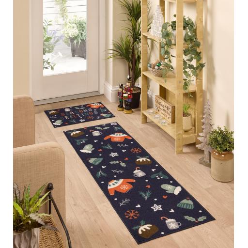 Floormatters Washable Runner and Doormat Set Anti-Slip Seasons Greetings Blue Mat in 40x60 & 50x150 cm