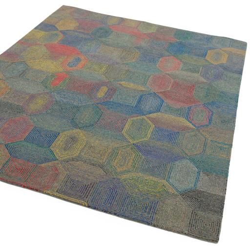 Camden Wool Viscose Hand Tufted Geometric Kaleidescope Grey Multi Coloured Rug