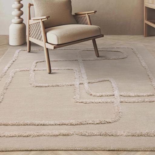 Matrix 95 Infinity Retro Modern Abstract Hand Tufted Wool Viscose Soft Silky Rug in Sand Natural