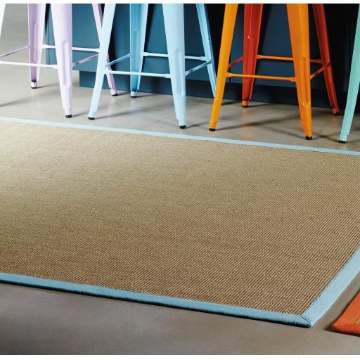 Sisal Jute Plain Non-Slip Linen Natural with Aqua Blue Border Rug & Runner