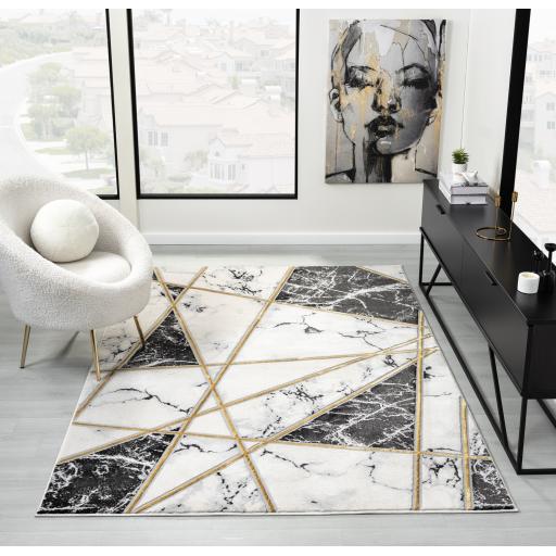 Bianco 185MA Modern Marbled Abstract Black Cream Rug & Hall Runner