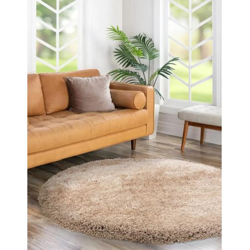 Cascade Shaggy Rug Cosy Soft High Pile Silky Shiny Thick Sand Beige Modern Plain Round Rug in 160x160 cm