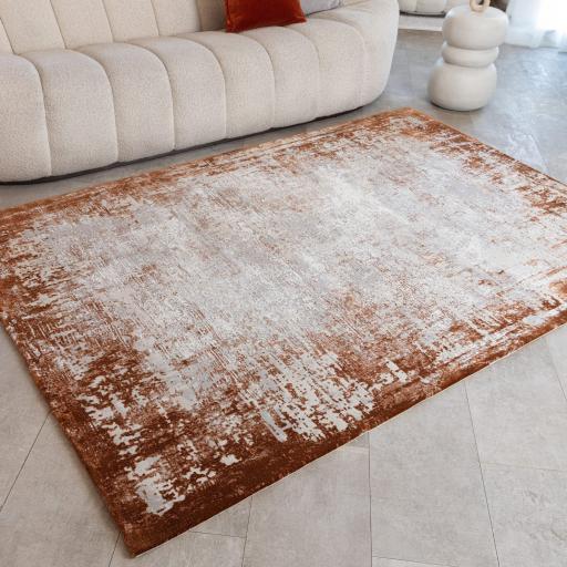 Kuza Border Abstract Modern Distressed Soft Velvety Silky Terracotta Orange Rug & Runner