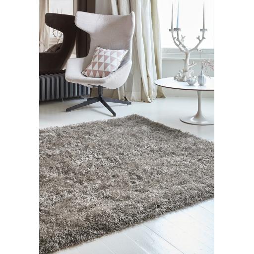 Cascade Shaggy Rug Cosy Soft High Pile Silky Shiny Thick Taupe Beige Natural Modern Plain Rug