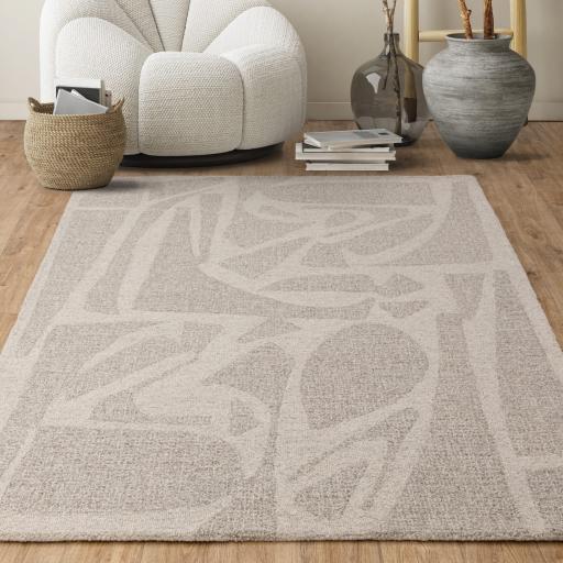 New Loxley Bohomian Modern Abstract Hand Woven Wool Rug in Linen Grey