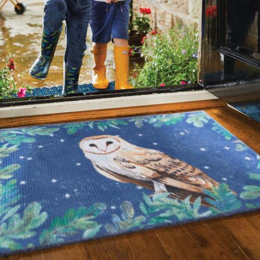 Hug Rug Owl 1 Blue Entryway Washable Non-Slip Doormat in  65x85