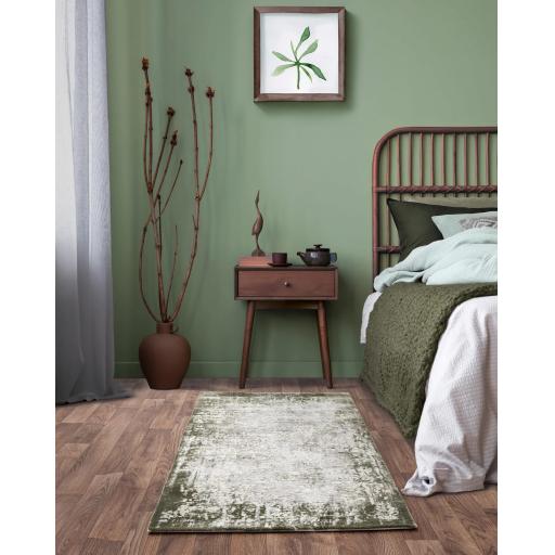 Kuza Border Abstract Modern Distressed Soft Velvety Silky Green Rug & Runner