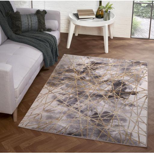 Bianco 185TA Modern Marbled Abstract Dark Grey Gold Rug & Hall Runner