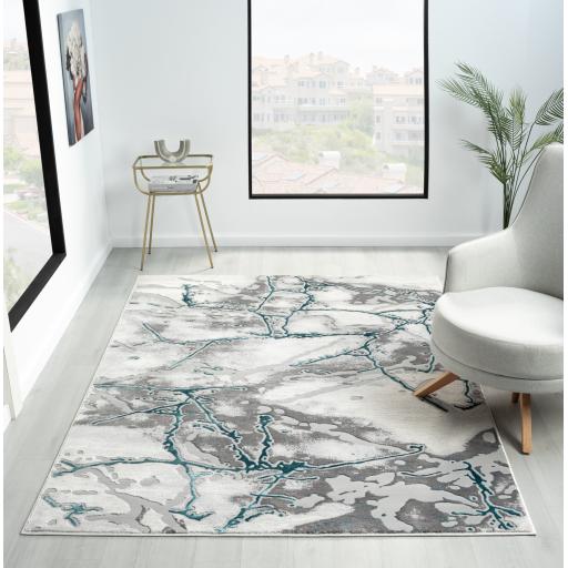 Bianco 185KB Modern Marbled Abstract Grey Cream Blue Rug & Hall Runner