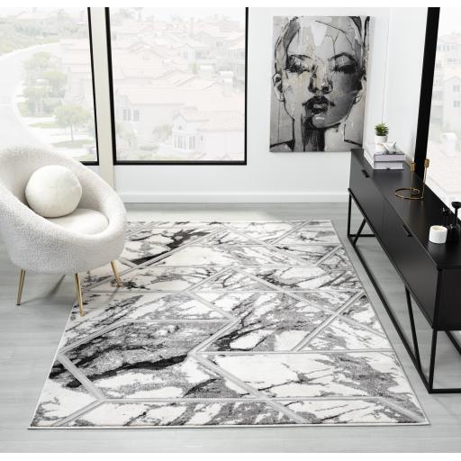 Marbled Geometric Abstract Rug Modern Bianco 224RA Cream Silver Rug