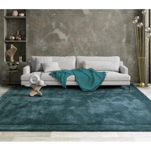 Rise Modern Plain Hand Carved Soft Silky Shiny Wool Viscose Rug in Teal Blue Large 160x230 cm