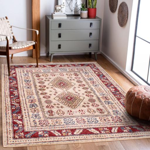 Orient 2520 Traditional Kilim Bordered Cream Red Rug in Small Size 80x150 cm