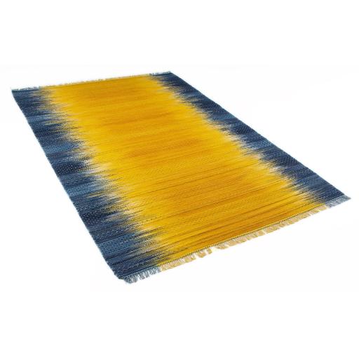 Fusion Hand Knitted Kilim Wool Rug in Bright Blue Ochre Yellow Extra Large 200 x 290 cm