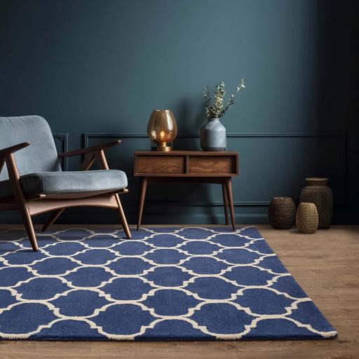 Albany Ogee Traditional Morroccan Trellis Design Hand Tufted Wool Blue Rug in Extra Large Size 200x290 m