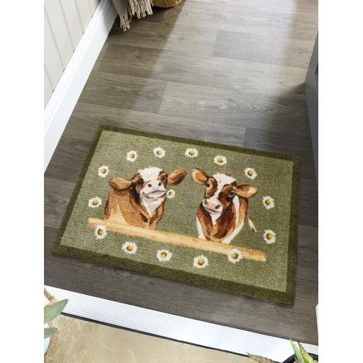 My Mat Nylon Indoor Pattern My Daisy Cow Green Washable Non-Slip Entrance Rug or Runner