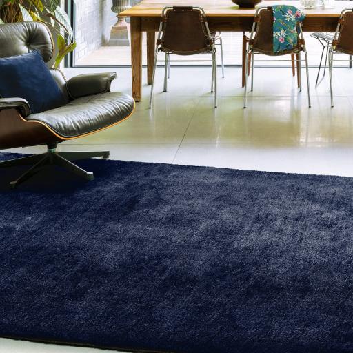 Milo Modern Plain Short Pile Shaggy Soft Silky Navy Blue Rug