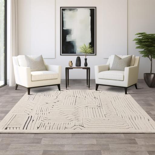 Valley Route Scandinavian 3D Pattern Rug in Ivory Charcoal and Natural Beige