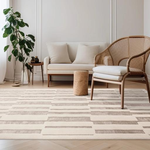 Valley Tile Scandinavian Geometric Stripe 3D Pattern Rug in Natural Beige Ivory