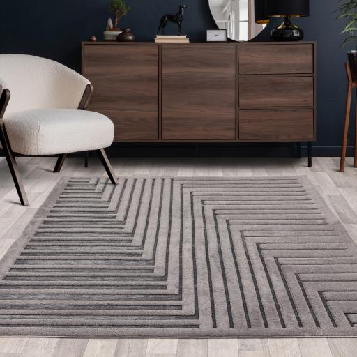 Valley Path Geometric 3D Connection Rug in Ivory and Charcoal