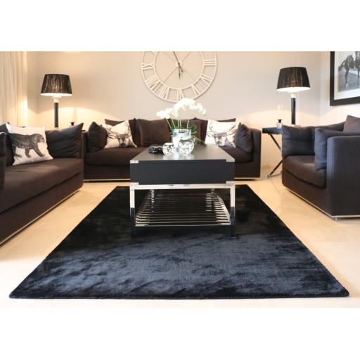 Rug Guru Karma Luxury Plain Soft Silky Viscose Rug in Jet Black