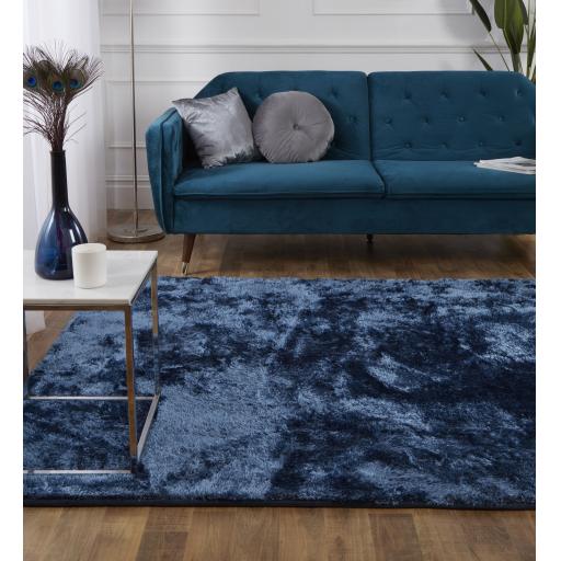 Silk Touch Soft Shaggy Modern Plain Rug in Navy Blue 60 x 100 cm