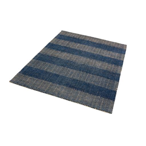 Ives Hand Woven Chenille Flatweave Natural Waves Heringbone Rug in Navy Blue