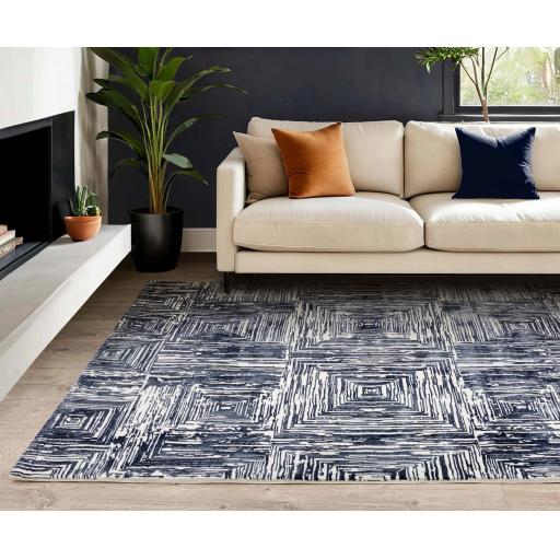 Kuza Portrait Modern Abstract New Linear Pattern Rug in Navy Blue