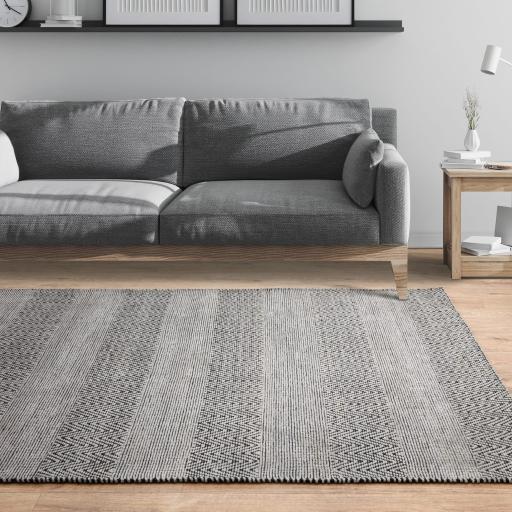 Ives Hand Woven Chenille Flatweave Natural Waves Heringbone Striped Rug in Grey