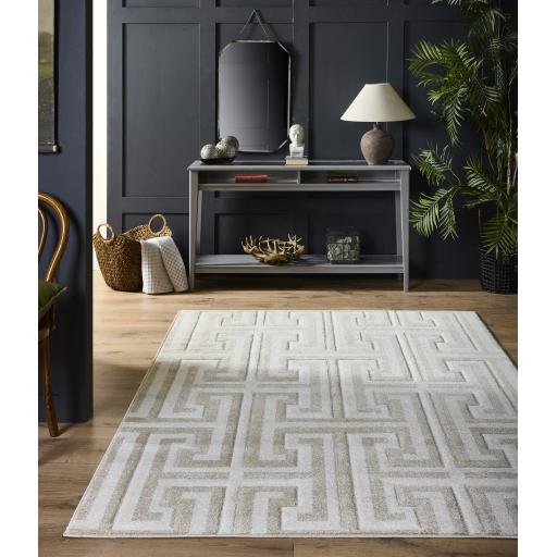 Origins Elegant Greek Key Geometric Carved Rug in Beige Cream