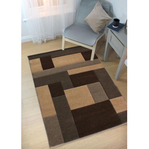 Cosmos Beige Brown Squared Pattern Soft Carved Rug in 120 x 170 cm